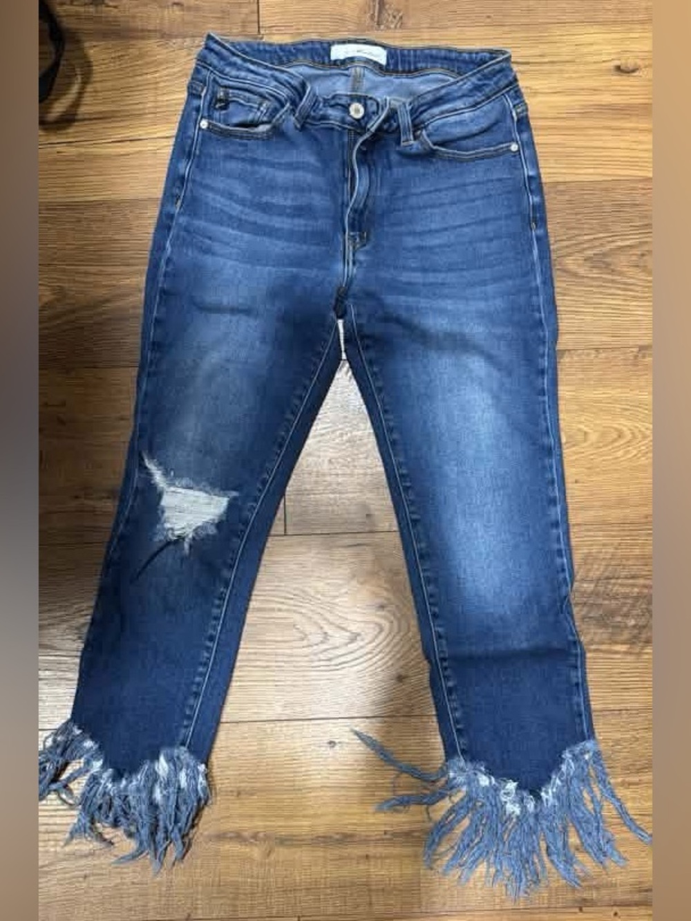 KanCan Dark Blue Distressed Ankle Crop Jeans with Frayed Hem